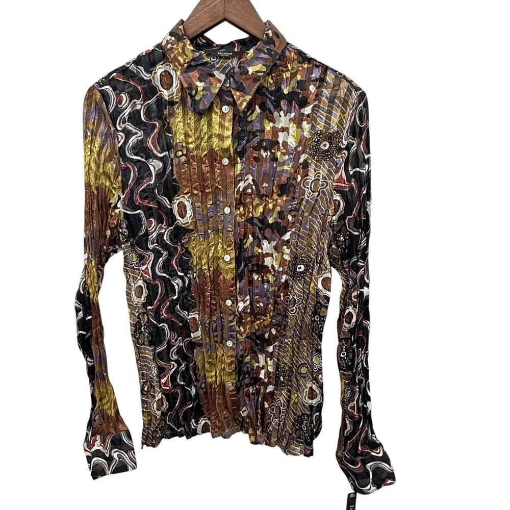 Belissimo New York XL Sheer Crinkle Blouse Metallic Abstract Print NWT‎ Top Boho